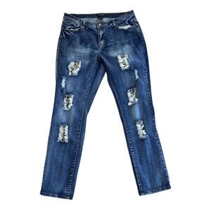 Ashley Stewart Patchwork Jeans Size 14 Blue Denim Ripped Animal Print